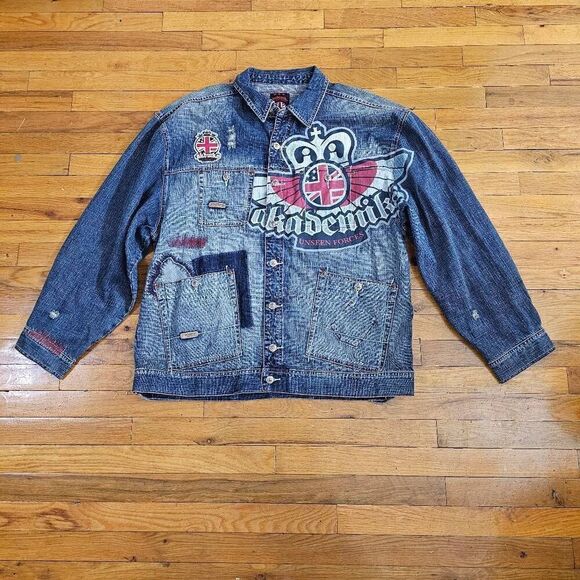 Akademiks Men Unseen Forces Distressed Embellished Blue Jean Jacket Sz XXL